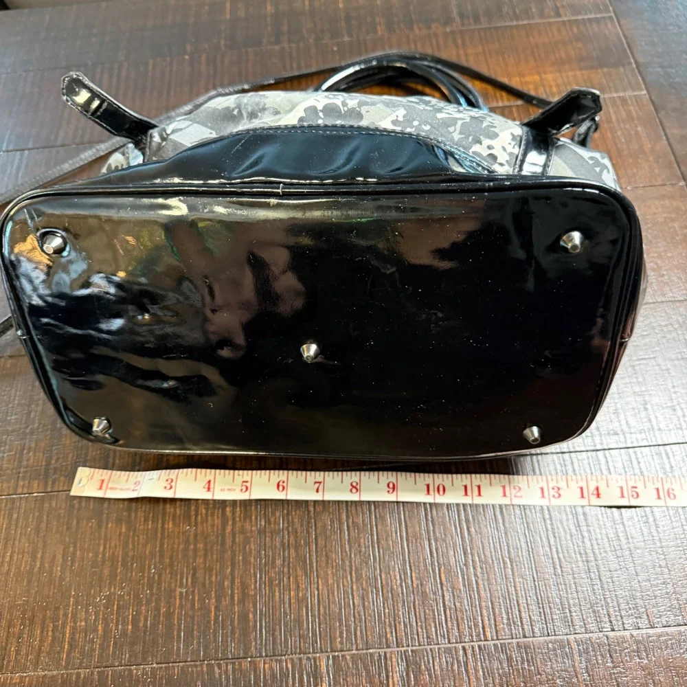 Floral Plaid Check Satchel Bag‎ Black White Patent Trim Purse Tote Crossbody